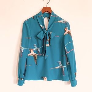 New! Ted Baker London Crane Flight Tie Neck Rhetta Blouse in Size XS